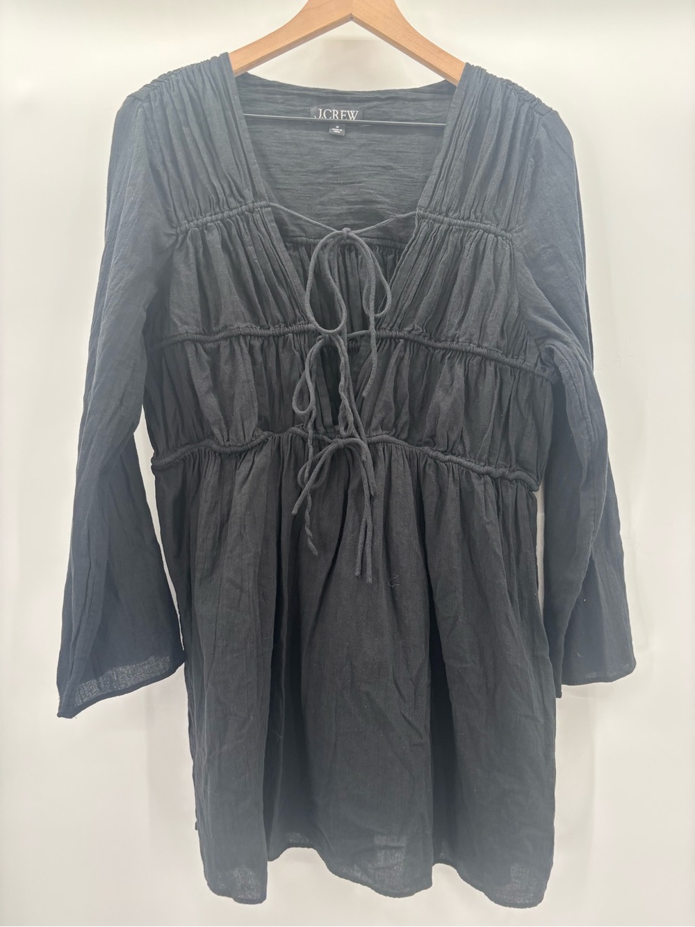 J. Crew Tiered Tie Front Dress in Beach Cotton Black Size Medium